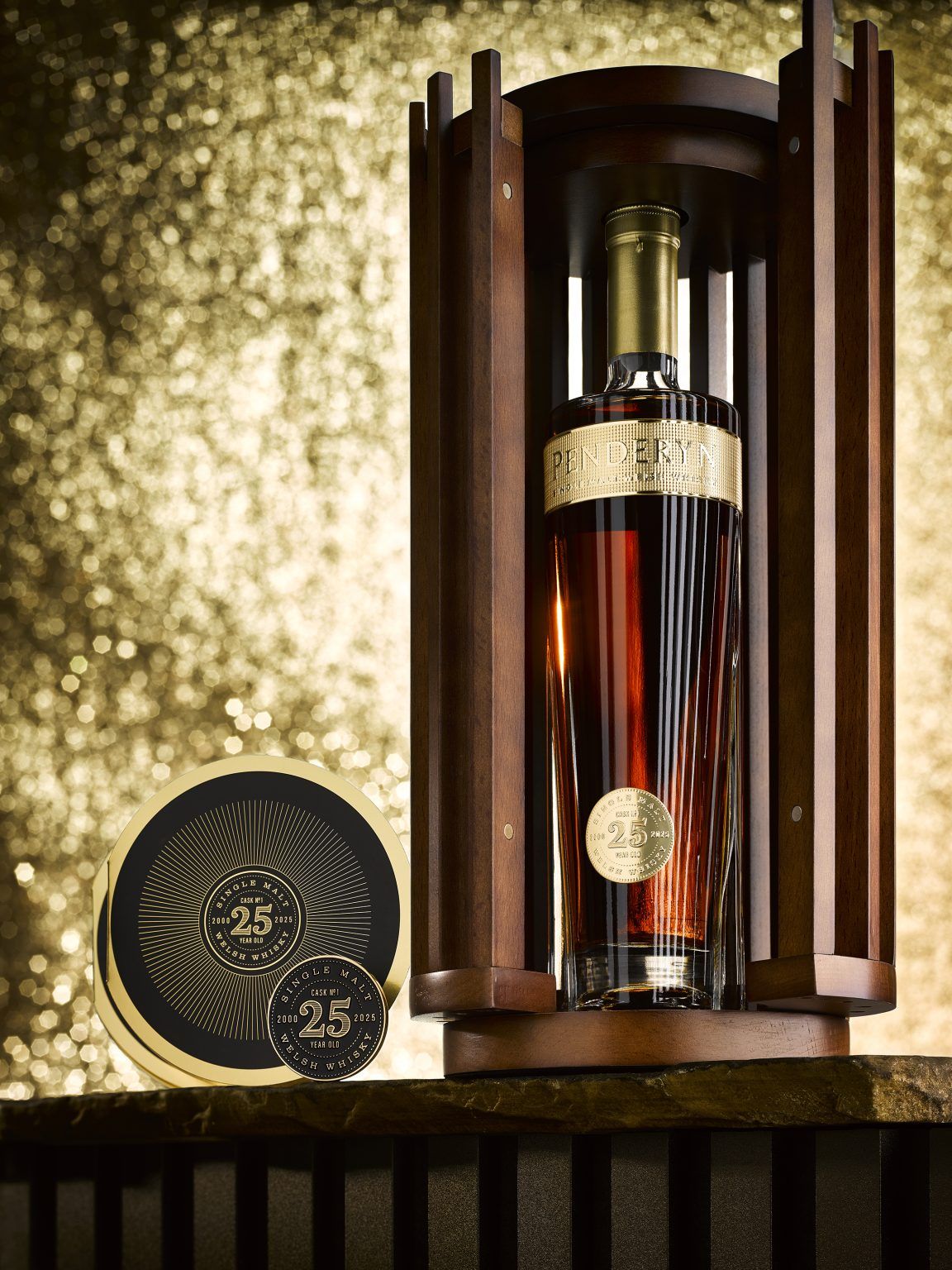 Penderyn 25 Year Old whisky presented in an engineered wooden case